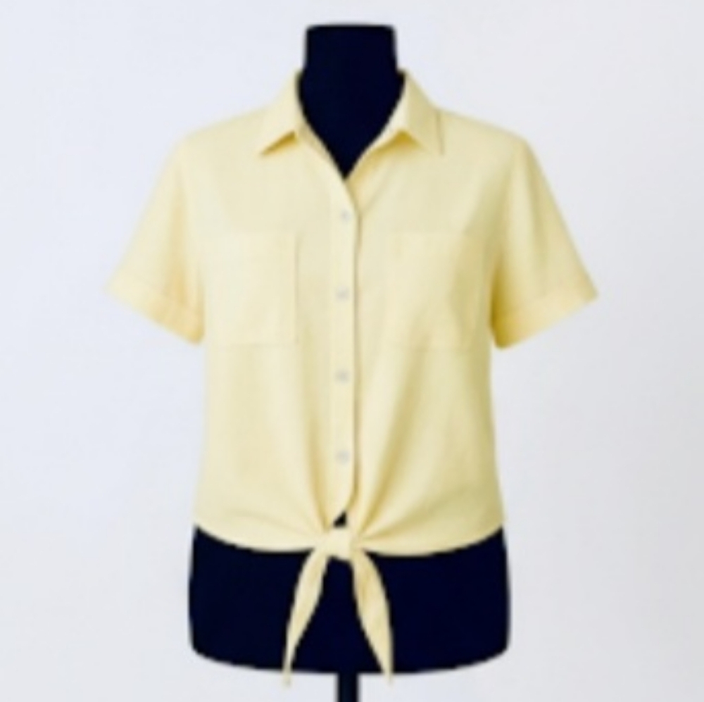 ECO MALIBU YELLOW SHORT SLEEVE TIE-FRONT SHIRT, SZ S, 100% LYOCELL – SOFT & CHIC